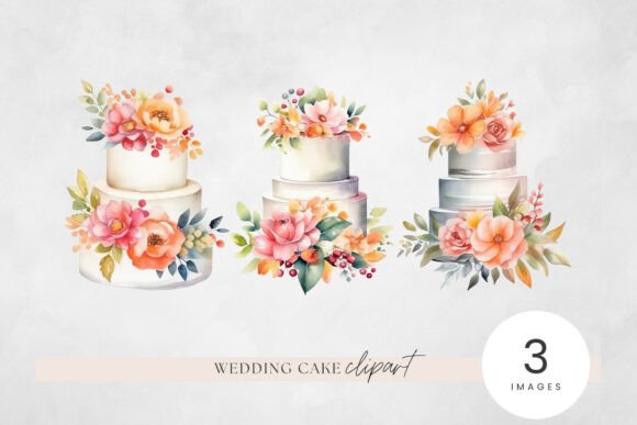 Elegant Summer Wedding Cake Watercolor Clipart