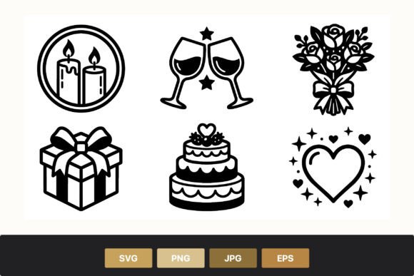 Elegant Wedding Cake Heart Bouquet Vector Icons for Designers