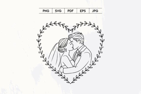 Elegant Wedding Couple Heart Frame Line Art