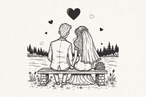 Elevate Designs with a Romantic Wedding Couple on Bench SVG PNG